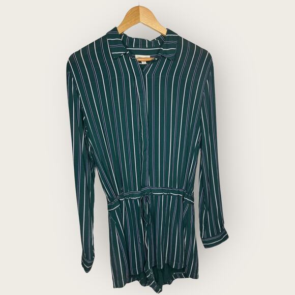 Urban Outfitters Silence + Noise Benji Striped Button-Down Romper Medium Green - Picture 1 of 10